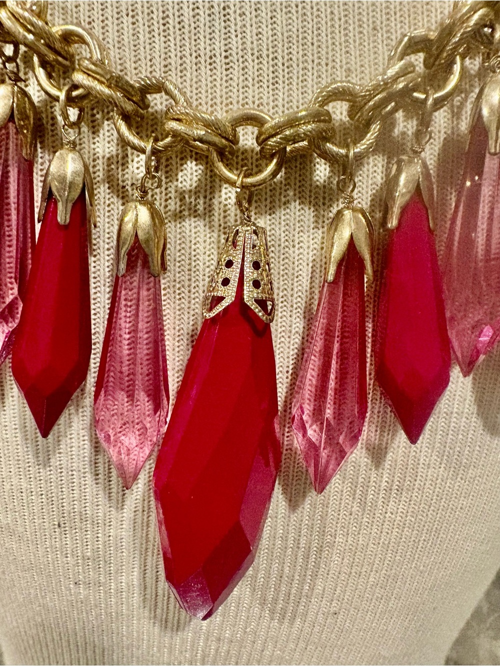 Gold Chain Statement Necklace with Fuchsia and Light Pink Crystal Drops - Picture 4 of 14